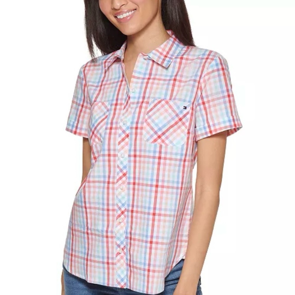 Tommy Hilfiger Rainbow Plaid Button Down Short Sleeve Shirt Pockets Size Small